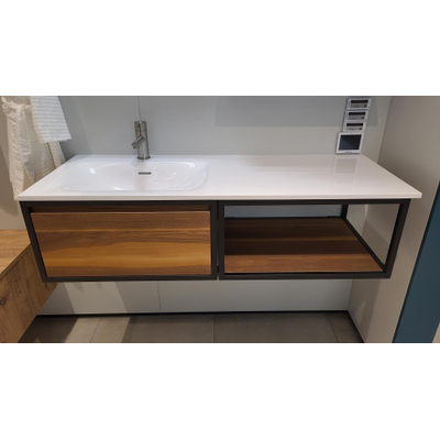 Ichoise badkamermeubelset met frame en zijkast walnoot. inclusief furiosa meubelwastafel wasbak links 1 kraangat finestone glanzend wit SHOWROOMMODEL OUTLETSTORE