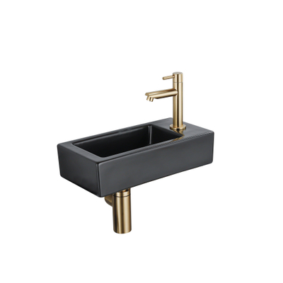 QeramiQ Fuente Fonteinset - 37.5x18.5x9cm - keramiek - kraangat rechts - fonteinkraan geborsteld messing - afvoerplug - verlaagd sifon - Mat Zwart