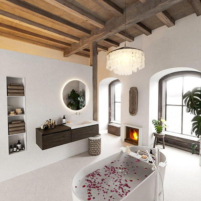 MONDIAZ BUKLA 140cm badmeubel met module 60 kleur Dark Brown met 2 lades. Wastafel CLOUD rechts 0 kraangaten kleur Talc.