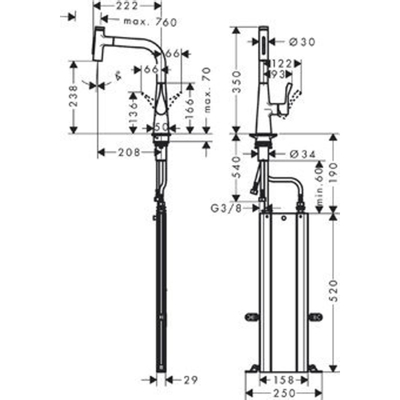 Hansgrohe M71 M7117-H240 1-gats keukenkraan m. uittrekbare handdouche m. 110°/150° draaibare uitloop RVS