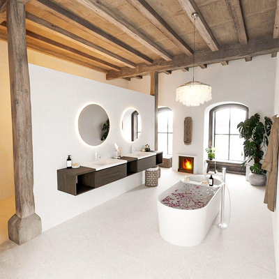 MONDIAZ BUKLA 280cm badmeubel met open module 40 L+M+R kleur Dark Brown met 2 lades. Wastafel CLOUD dubbel 2 kraangaten kleur Talc.