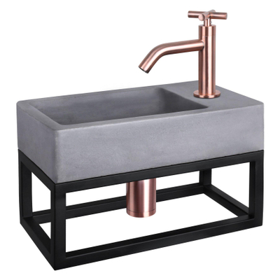 Differnz Force fonteinset - 40x22x8cm - Rechthoek - 1 kraangat - Gebogen rose koper kraan - met zwart frame - kruisgreep - Beton Grijs
