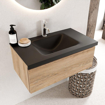 Mondiaz BUKLA Badkamermeubelset - 80x45x34cm - 1 kraangat - wasbak midden - solid surface - Urban - greeploos - 1 lade - Melamine - Washed Oak