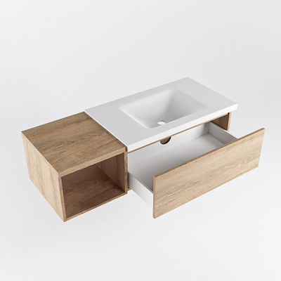 MONDIAZ BUKLA 120cm badmeubel met open module 40 kleur Washed Oak met 1 lade. Wastafel CLOUD rechts 0 kraangaten kleur Talc.