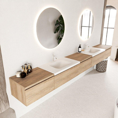 MONDIAZ BUKLA 340cm badmeubel met module 60 kleur Washed Oak met 5 lades. Wastafel CLOUD dubbel 2 kraangaten kleur Talc.