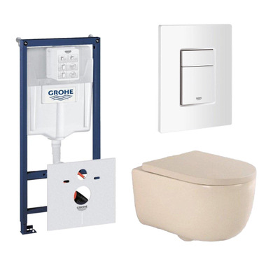 QeramiQ Dely Swirl Toiletset - 36.5x53cm - Grohe Rapid inbouwreservoir - 35mm zitting - witte bedieningsplaat - rechthoekige knoppen - beige