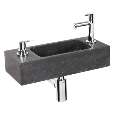 Differnz Sapon fonteinset - 42x18.5x9cm - Rechthoek - 1 kraangat - Met sifon fontein en afvoerplug - Natuursteen Zwart