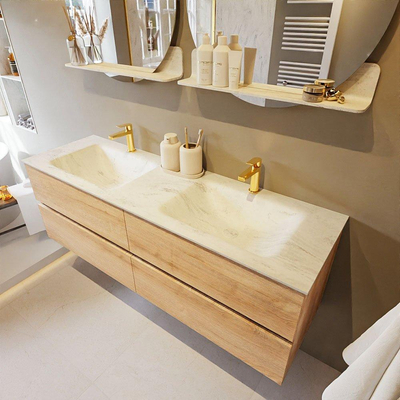 MONDIAZ VICA-DLUX Badkamermeubelset - 150cm - onderkast washed oak - 4 lades - inbouw wastafel cloud dubbel - 2 kraangaten - 60cm hoge versie - opalo