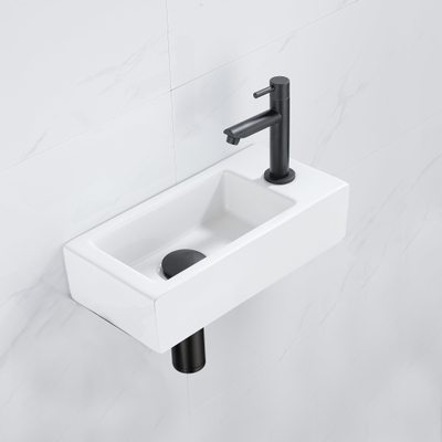 QeramiQ Fuente Fonteinset - 37.5x18.5x9cm - keramiek - kraangat rechts - fonteinkraan zwart mat - afvoerplug - verlaagd sifon - Mat wit