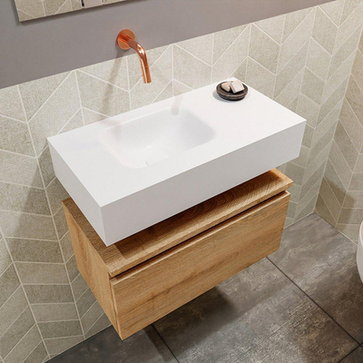 MONDIAZ ANDOR Toiletmeubel - 60x30x30cm - 0 kraangaten - 1 lades - washed oak mat - wasbak links - Solid surface - Wit