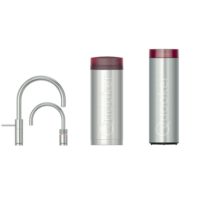 Quooker Nordic Round Twintaps kokendwaterkraan - draaibare uitloop - Combi incl. Cube reservoir - Warm / kokend water - RVS
