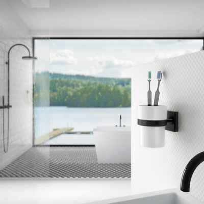 Smedbo House Bekerhouder - met glas - vierkant - mat zwart/porselein