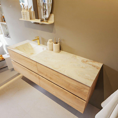 MONDIAZ VICA-DLUX Badkamermeubelset - 150cm - onderkast washed oak - 4 lades - inbouw wastafel cloud links - 1 kraangat - 60cm hoge versie - frape
