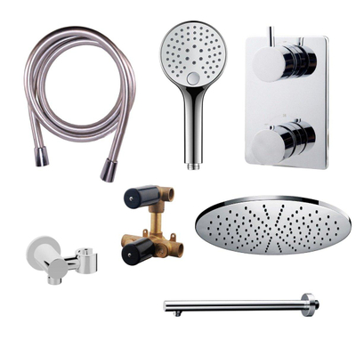 Wiesbaden Caral Regendoucheset inbouw - 30cm ronde ultra platte hoofddouche - handdouche - geïntegreerde uitlaat - incl inbouwdeel - chroom