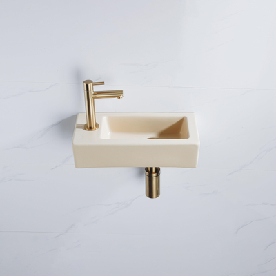 QeramiQ Fuente Fonteinset - 37.5x18.5x9cm - keramiek - kraangat links - fonteinkraan geborsteld messing - afvoerplug - verlaagd sifon - Mat Beige