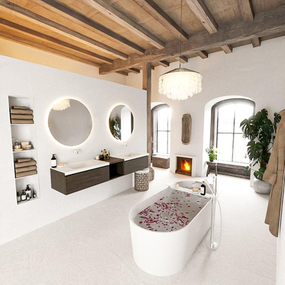 MONDIAZ BUKLA 200cm badmeubel met open module 40 kleur Dark Brown met 2 lades. Wastafel CLOUD dubbel 0 kraangaten kleur Talc.