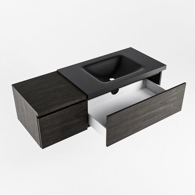 MONDIAZ BUKLA 120cm badmeubel met module 40 kleur Dark Brown met 2 lades. Wastafel CLOUD rechts 0 kraangaten kleur Urban.