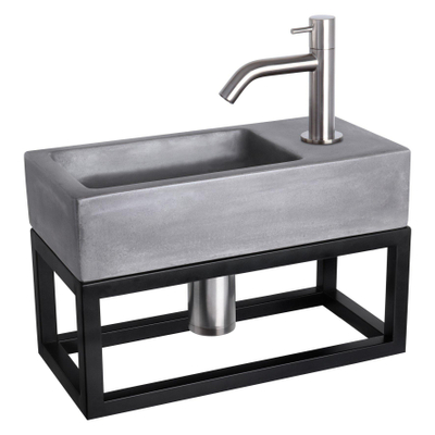 Differnz Ravo fonteinset - 38.5x18.5x25cm - Rechthoek - 1 kraangat - Gebogen matte chromen kraan - met zwart frame - beton donkergrijs