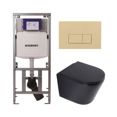 QeramiQ Dely Toiletset - 36.3x51.7cm - diepspoel - rimless - Geberit UP320 inbouwreservoir - softclose toilet zitting 35 mm - bedieningsplaat beige - rechthoekige knoppen - mat zwart