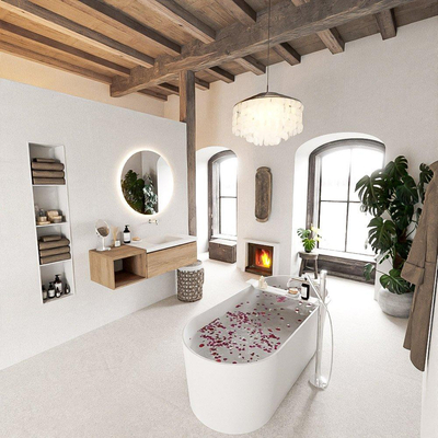 MONDIAZ BUKLA 120cm badmeubel met open module 40 kleur Washed Oak met 1 lade. Wastafel CLOUD rechts 0 kraangaten kleur Talc.