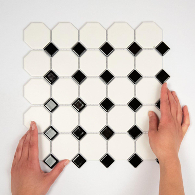 The Mosaic Factory Paris mozaïektegel - 29.5x29.5cm - wand en vloertegel - Achthoek - Porselein White and Black mat/glans