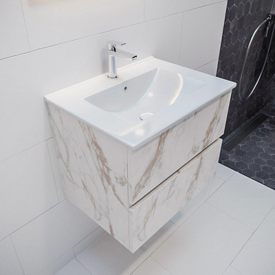 MONDIAZ VICA Badkamermeubelset - 60cm - 2 lades - wasbak Denia midden - 1 kraangat - solid surface carrara marmer