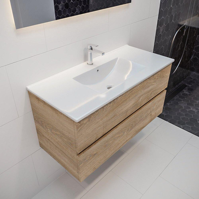 MONDIAZ VICA Badkamermeubelset - 100cm - 2 lades - wasbak Denia midden - 1 kraangat - solid surface washed oak