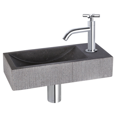 Differnz Ribble fonteinset - 38x18x8cm - Rechthoek - 1 kraangat - chroom kraan - kruisgreep - natuursteen zwart