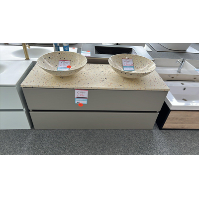 MONDIAZ Badkamermeubelset - 120cm - 2 lades- Topblad Terrazzo - 0 kraangaten - 2 Afvoergaten - 1 uitsparing achterkant lade rechts (links dient nog gemonteerd te worden) - OUTLET UDEN