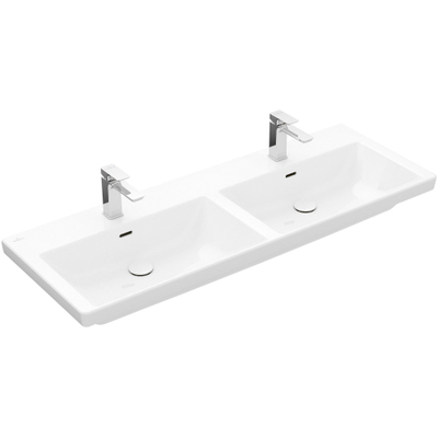 Villeroy & Boch Subway 3.0 meubelwastafel 130x47x16.5cm Rechthoek 2 kraangaten 2 wasbakken met overloopgat Wit Alpin glans Ceramic+