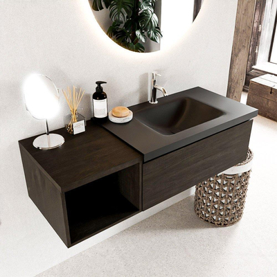 Mondiaz BUKLA Badkamermeubelset - 120x45x34cm - 1 kraangat - wasbak rechts - solid surface - Urban - greeploos - 1 lade - Melamine - Dark brown