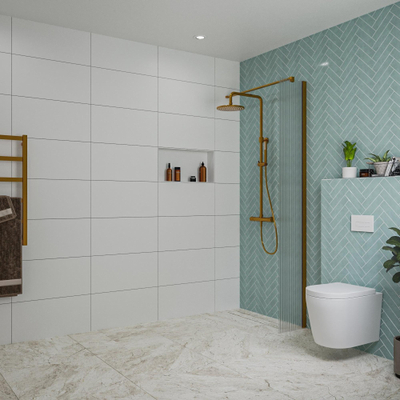 FugaFlow Eccelente Vetro inloopdouche badkamer - 30x200cm - ribbelglas - wandarm - geborsteld koper