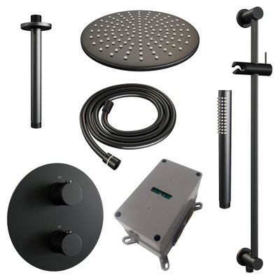 BRAUER Black Carving thermostatische Inbouw Regendouche - 3-weg - rond - set 90 - 30cm hoofddouche - plafondarm - staaf handdouche - doucheslang - geïntegreerde glijstang - mat zwart