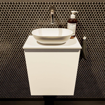 Mondiaz Fowy Toiletmeubel - 40x50x23cm - talc mat - 0 kraangaten - wasbak midden - 1 deur - solid surface - blad MDF - wasbak: wit
