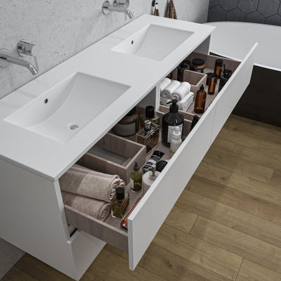 Adema Chaci Badkameronderkast - 140cm - 4 lades - greeploos - wit keramieke wastafel - overloop - 2 wasbakken - zonder kraangaten - mat wit