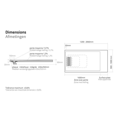 Xenz Soft douchevloer 140x90x3, rvs linear drain, mat wit