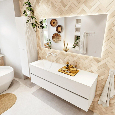 MONDIAZ VICA 150cm badmeubel onderkast Talc 2 lades. Wastafel CLOUD links zonder kraangat, kleur Talc.