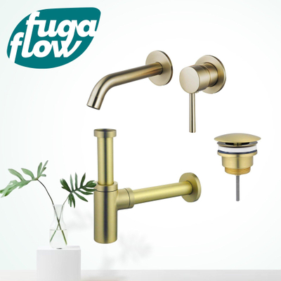 FugaFlow Eccelente Sobrado Badkamer Wastafelkraanset - inbouw wastafelkraan - always open plug - design sifon - PVD Geborsteld Messing