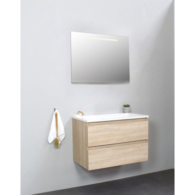 Adema Bella badmeubel met acryl wastafel zonder kraangat met spiegel met licht 80x55x46cm Eiken Flat Pack