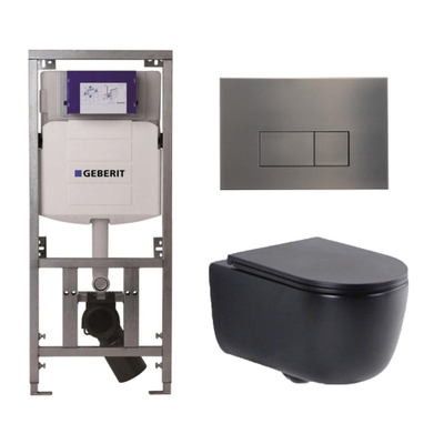 QeramiQ Dely Swirl Toiletset - 36.3x51.7cm - Geberit UP320 Burda inbouwreservoir - slim zitting - gunmetal bedieningsplaat - rechthoekige knoppen - mat zwart