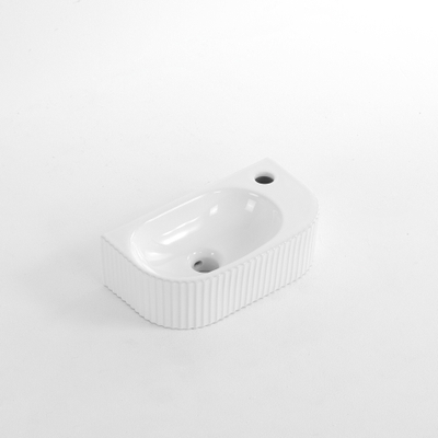 QeramiQ Blend Fontein - 40x22x12cm - Rechts - Geribbeld - halfrond - 1 kraangat - Keramiek - Wit Glans