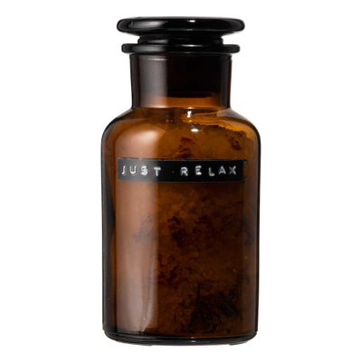 Wellmark Badzout bruin glas Apothekers pot 250ml Rozen tekst JUST RELAX OUTLETSTORE