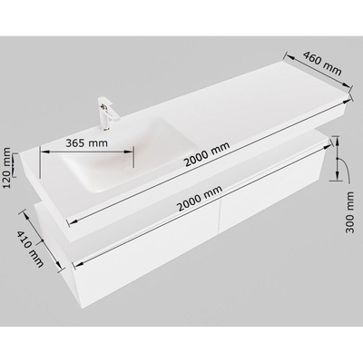 MONDIAZ ALAN 200cm - onderkast - talc - 2 lades - vrijhangende wastafel - wasbak links - 0 kraangaten - urban