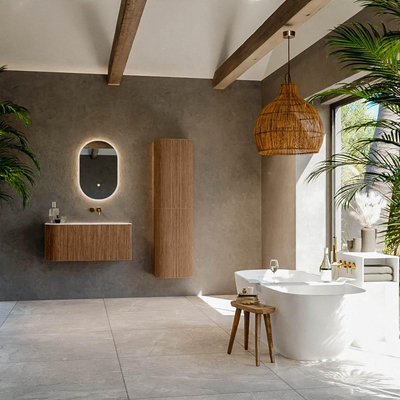 MONDIAZ KURVE-DLUX 95cm badmeubel met module 25 L kleur Walnut met 1 lade en 1 deur. Wastafel BIG SMALL rechts zonder kraangat kleur Ostra.