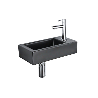 QeramiQ Fuente Fonteinset - 37.5x18.5x9cm - keramiek - kraangat rechts - fonteinkraan chroom - afvoerplug - verlaagd sifon - Mat Zwart