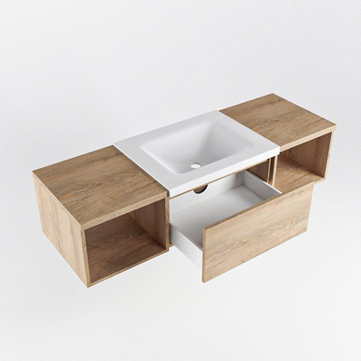 MONDIAZ BUKLA 140cm badmeubel met open module 40 L+R kleur Washed Oak met 2 lades. Wastafel CLOUD midden 1 kraangat kleur Talc.