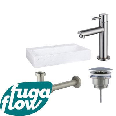 FugaFlow Eccelente Arredo fonteinset - 38x24x8cm - 1 kraangat - marmer - fonteinkraan RVS geborsteld - wit -