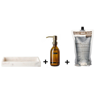 Wellmark Marble giftset - tray 30x12x3.5cm - Marmer Wit - Handzeep 250ml - navulling 1 liter bamboo