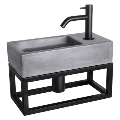 Differnz Ravo fonteinset - 38.5x18.5x25cm - Rechthoek - 1 kraangat - Gebogen matte zwarte kraan - met zwart frame - beton donkergrijs