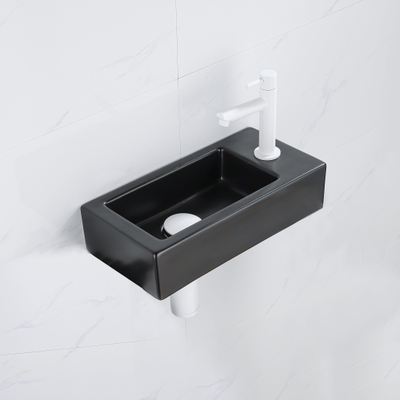 QeramiQ Fuente Fonteinset - 37.5x18.5x9cm - keramiek - kraangat rechts - fonteinkraan mat wit - afvoerplug - verlaagd sifon - Mat Zwart